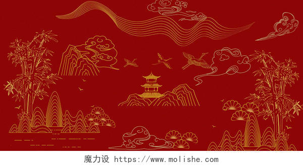 红色金色国潮线条山云鹤简约唯美文艺红色中国风展板背景红色中国风背景